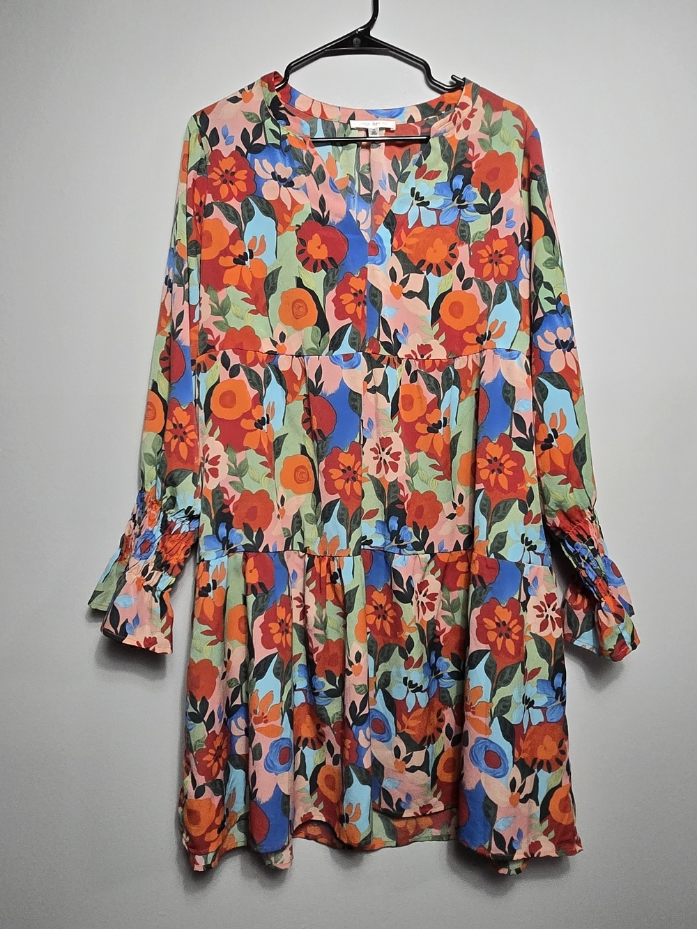 Daily Thread Floral Tiered Split Neck Smocked Sleeve Tunic Babydoll Dress 1X